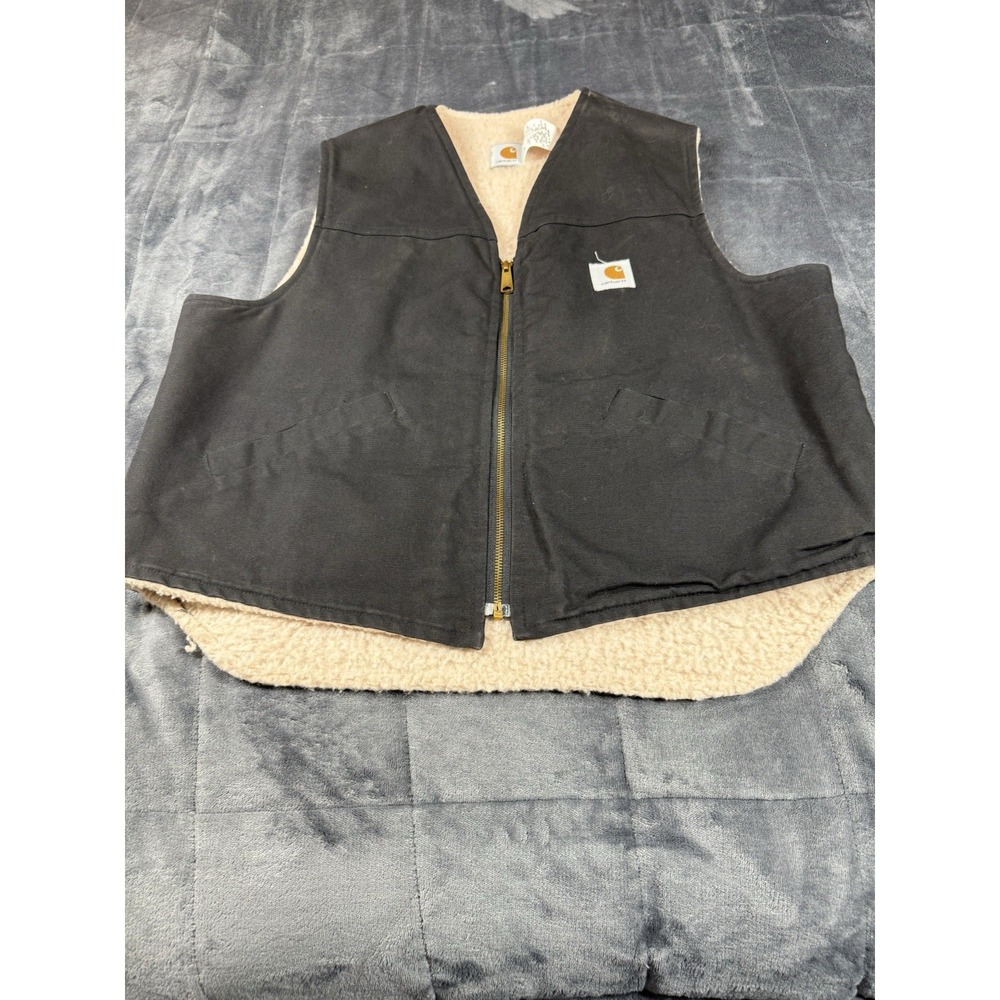 Carhartt Vintage 70/80 Sherpa Fleece Lined Black Canvas Work Vest Size XL - Picture 1 of 9